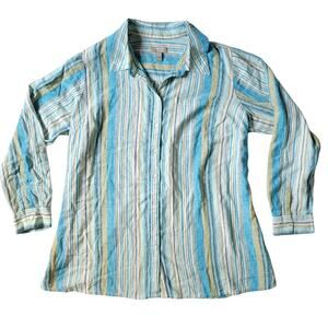 Naturals D&Co Womens 1X Blue Green Striped Linen Blend Blouse Button Up Natural